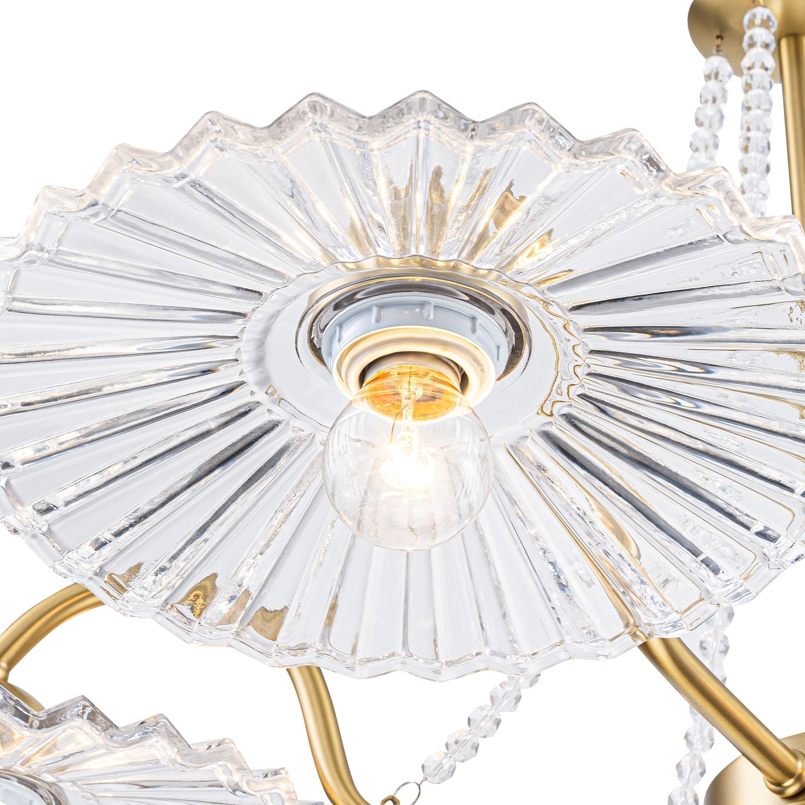 6 Light Gold Chandelier Clear Fluted Glass Shades Crystal Accents Dia.32.28 In