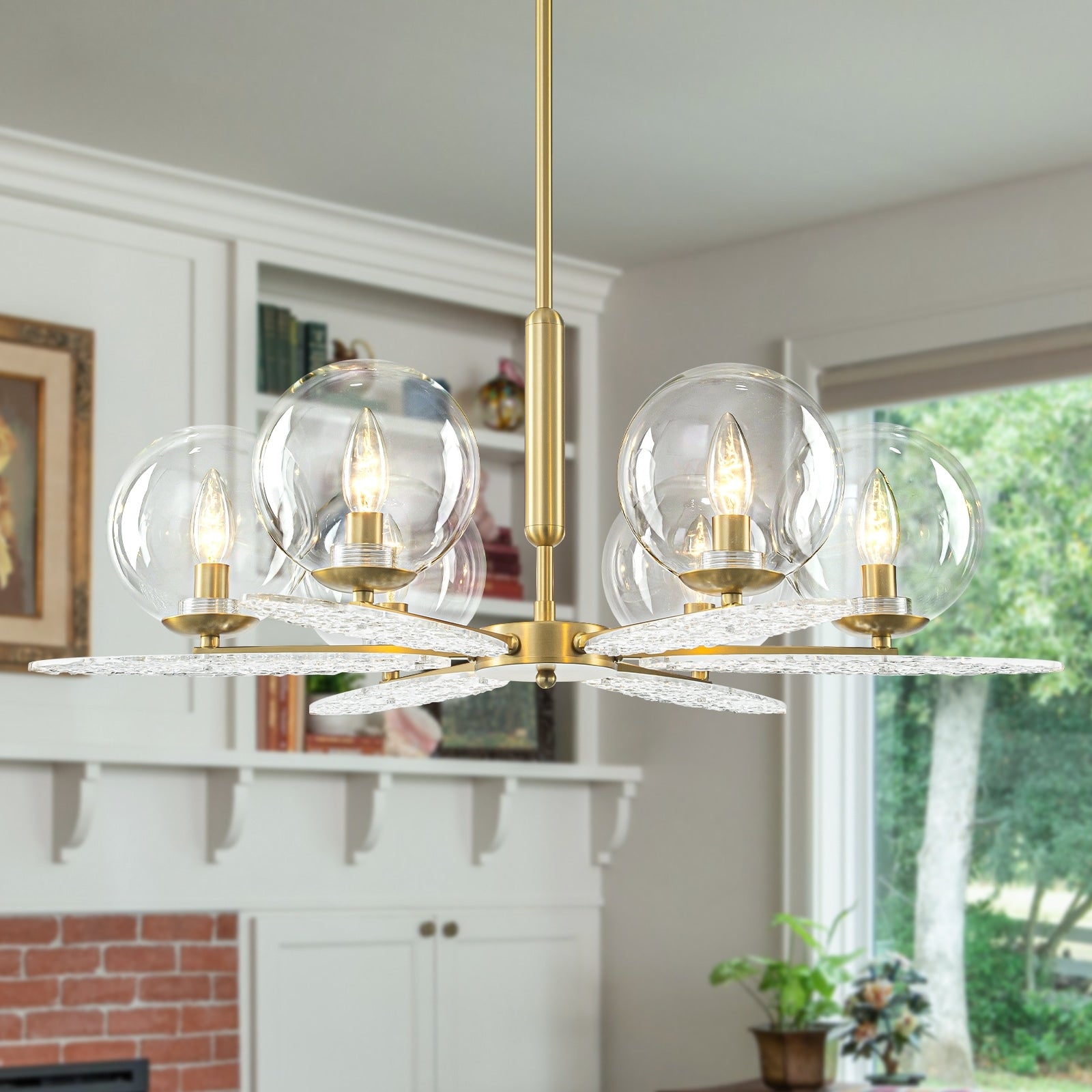 6 Light Gold Chandelier Clear Glass Shades Rippled Acrylic Leaf Accent Dia.28.74 In