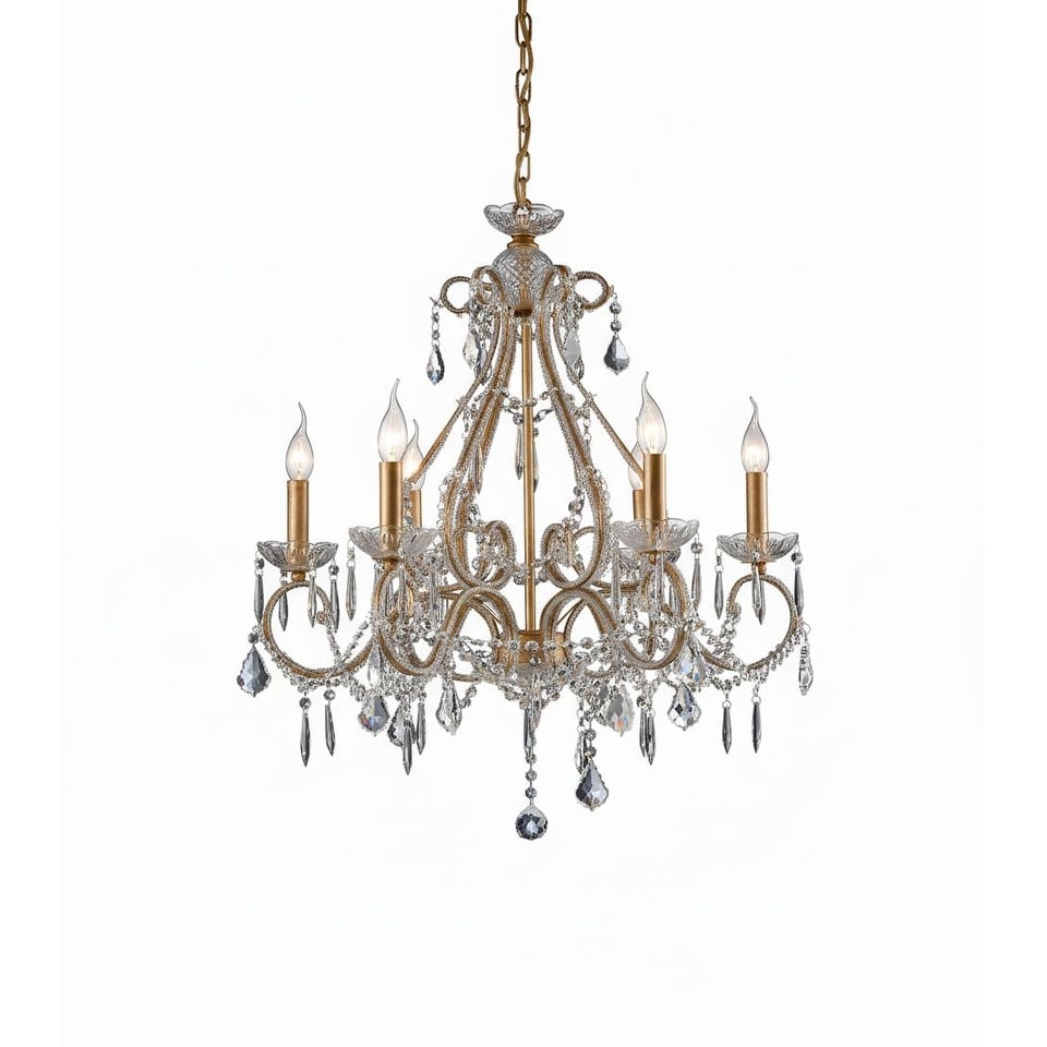 6 Light Gold Chandelier With Clear Crystals