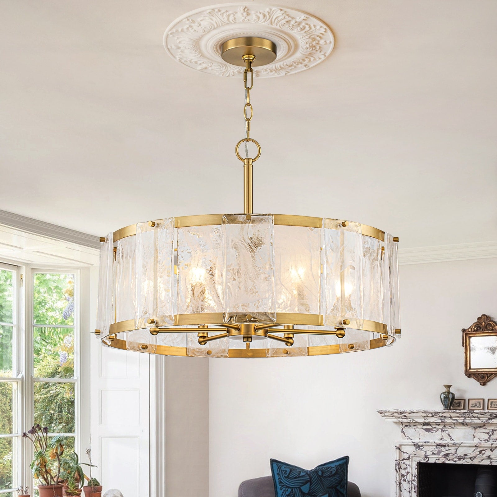 6 Light Gold Drum Glass Chandelier For Living Dining Room
