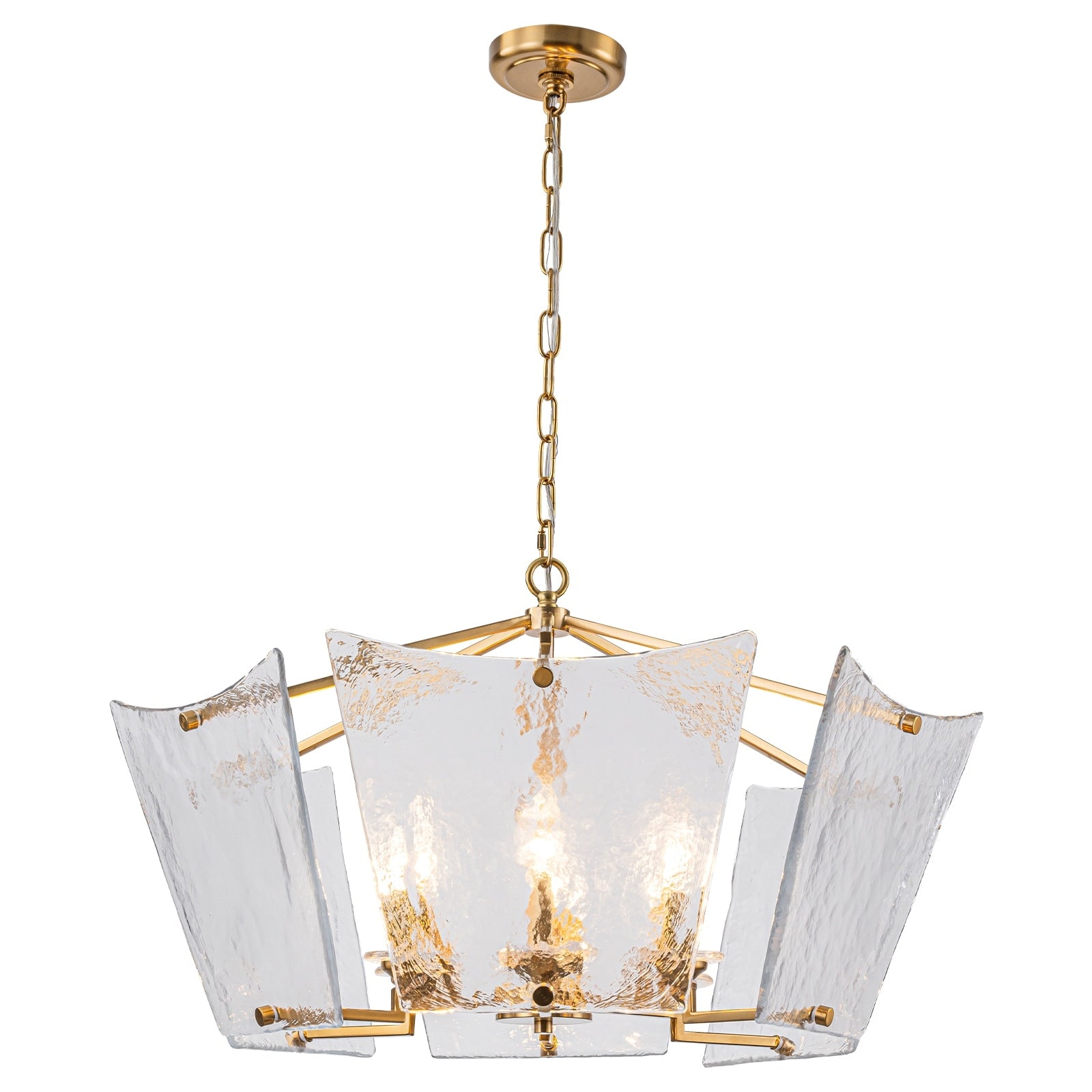 6 Light Gold Geometric Chandelier With Textured Clear Glass Panels Dia.26.77 In