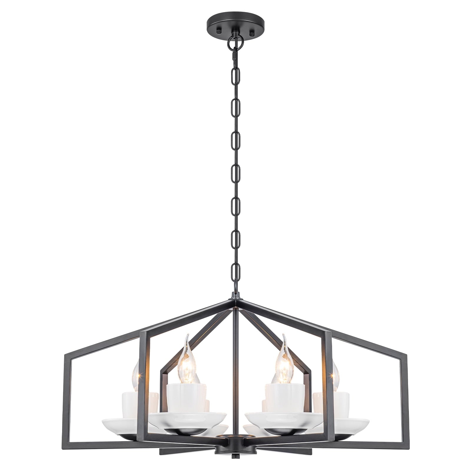 6 Light Industrial Matte Black Geometric Chandelier With White Ceramic Dia.26.26 In