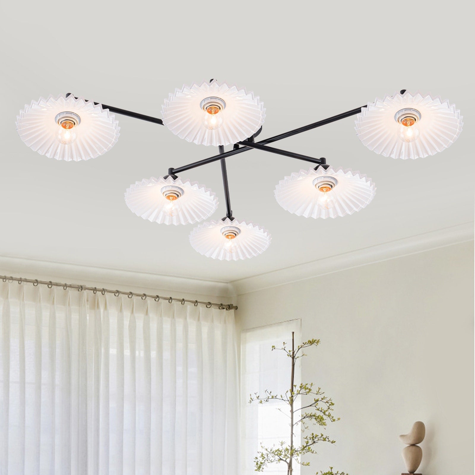 6 Light Matte Black Branch Flush Mount Ceiling Light With White Glass Shades Dia.40.16 In
