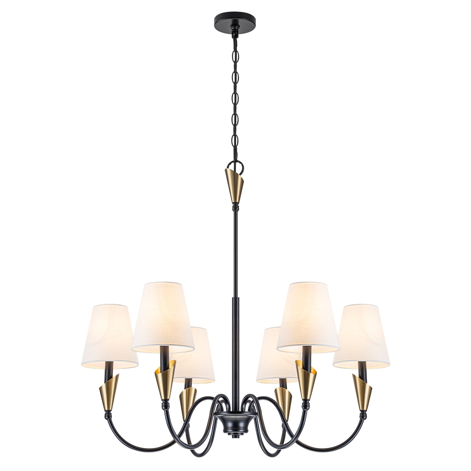 6 Light Matte Black S Arm Chandelier With Conical Beige Fabric Shades Dia.32.28 In