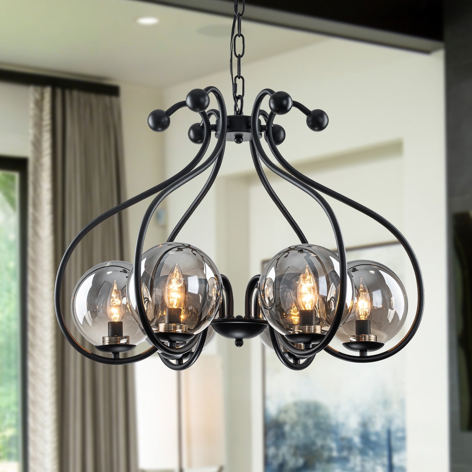 6 Light Matte Black S Curve Chandelier With Smoky Gray Glass Globes Dia.24.8 In