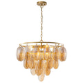 6 Light Metal Circle Chandelier Teardrop Amber Glass Glam Cascading Dia.23.62 In