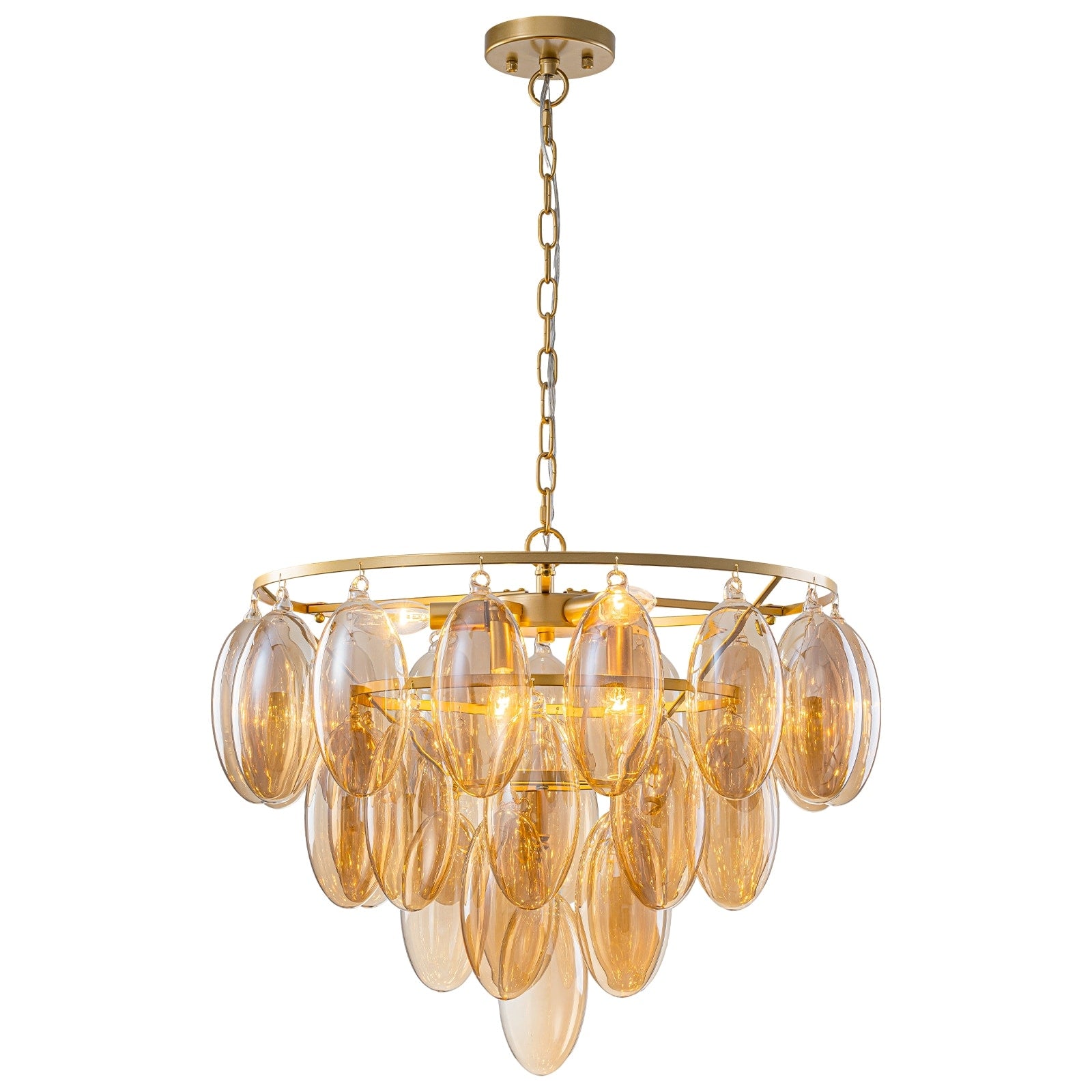 6 Light Metal Circle Chandelier Teardrop Amber Glass Glam Cascading Dia.23.62 In