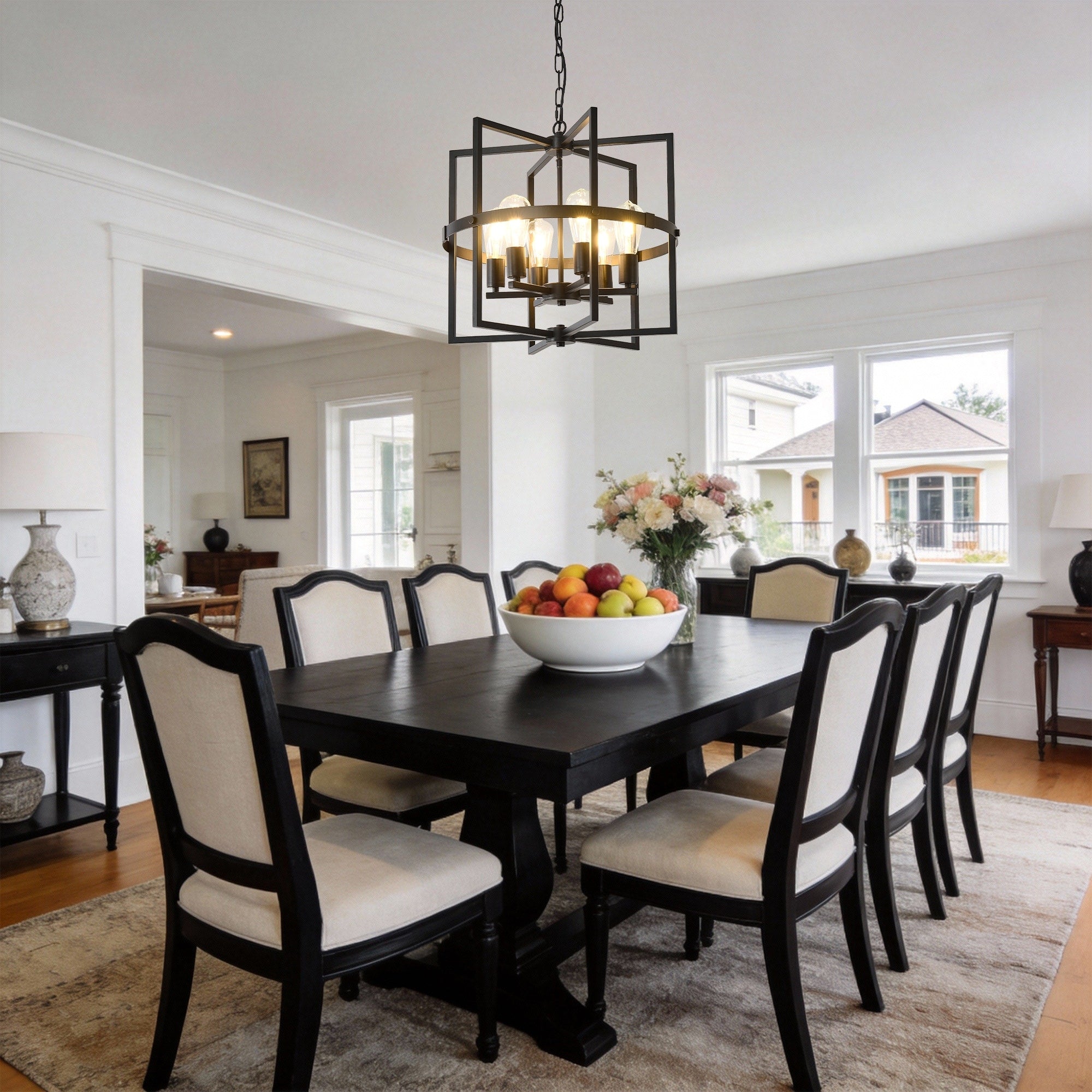 6 Light Metal Lantern Tiered Pendant Hanging Light Fixtures Farmhouse Adjustable Height Chandeliers E26 Bulbs Not Included