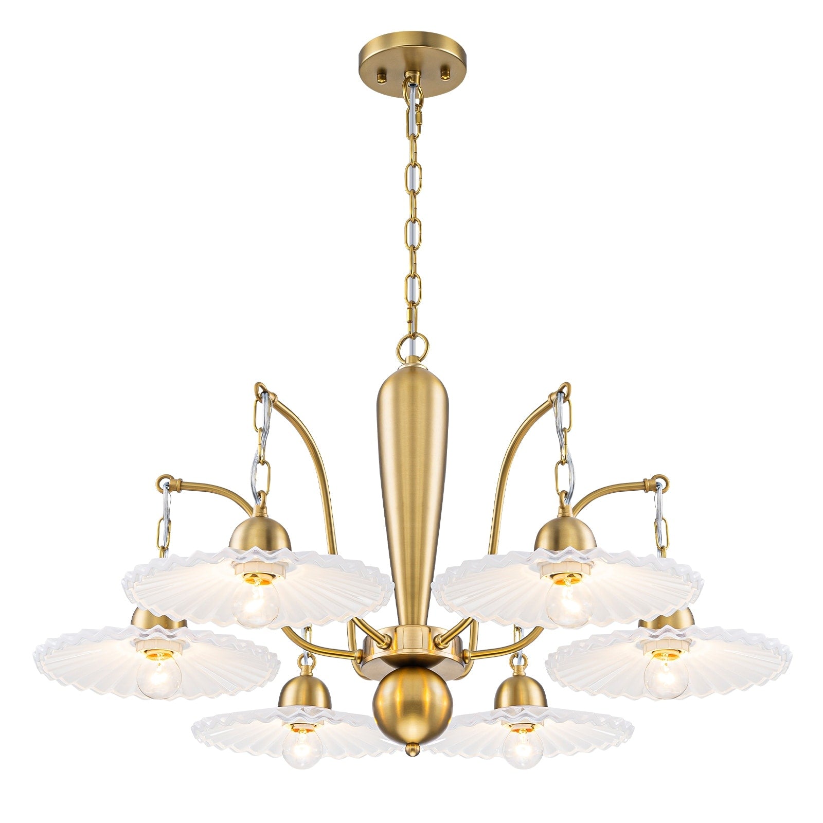 6 Light Mid Century Gold Chandelier With White Fluted Glass Shades Dia.32.28 In