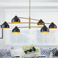 6 Light Mid Century Matte Black Gold Linear Chandelier Iron Shades W 55.12 In