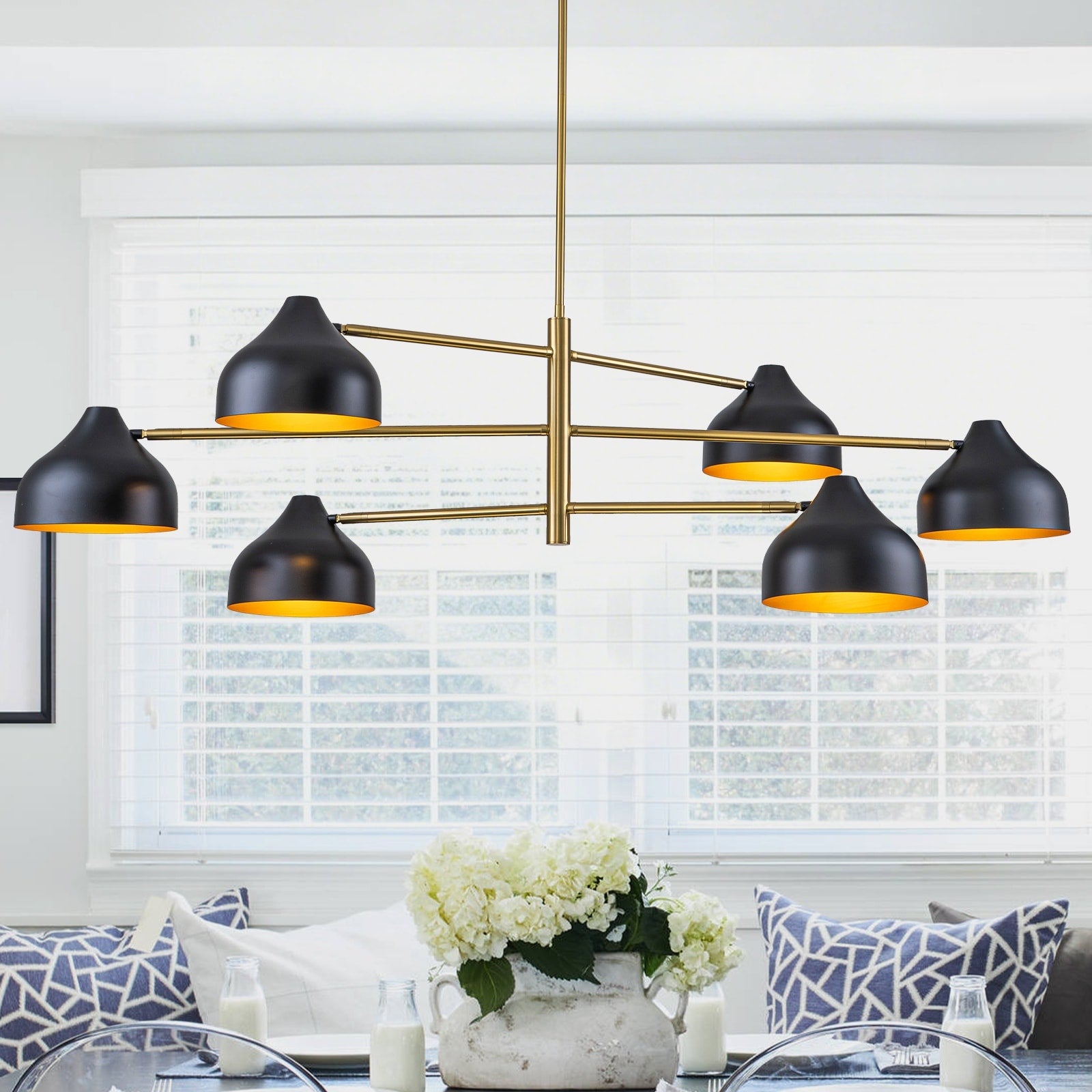 6 Light Mid Century Matte Black Gold Linear Chandelier Iron Shades W 55.12 In