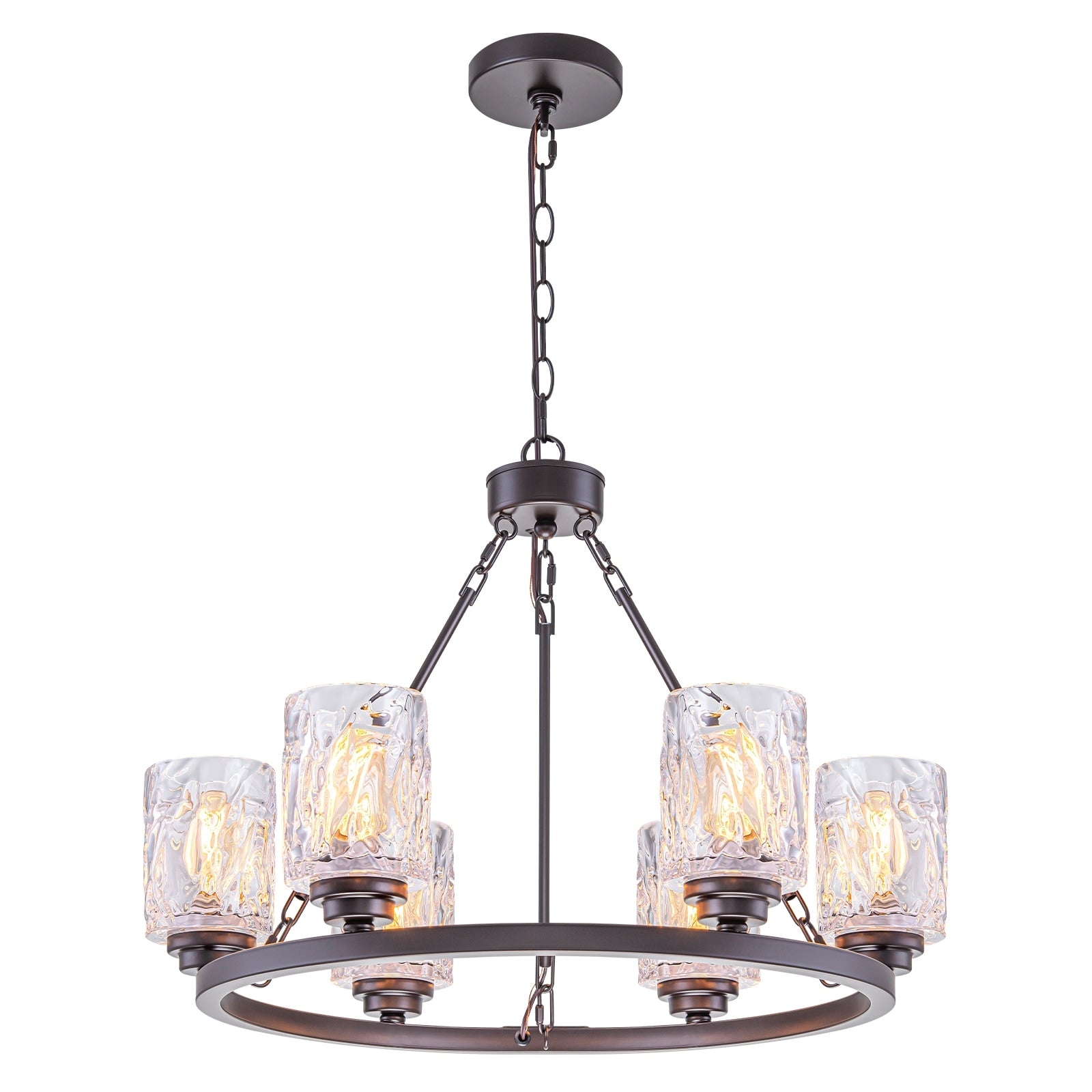 6 Light Modern Black Metal Chandelier With Textured Glass Shades Dia.23.62 In