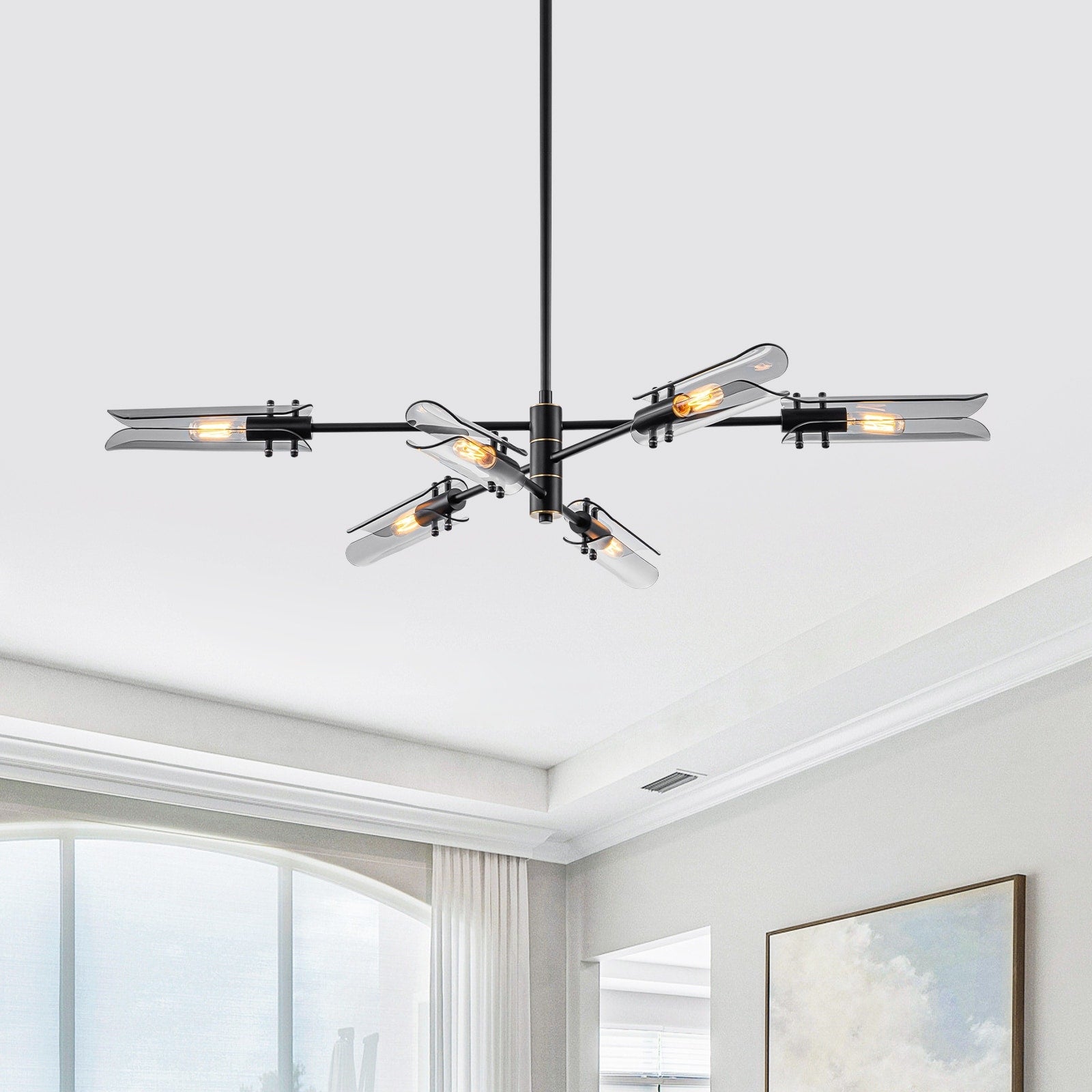 6 Light Modern Branch Chandelier 2 In 1 Curved Smoke Glass Panels Dia.47.24 In