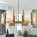 6 Light Modern Brushed Gold Chandelier White Crackle Glass Shades Dia.29.53 In