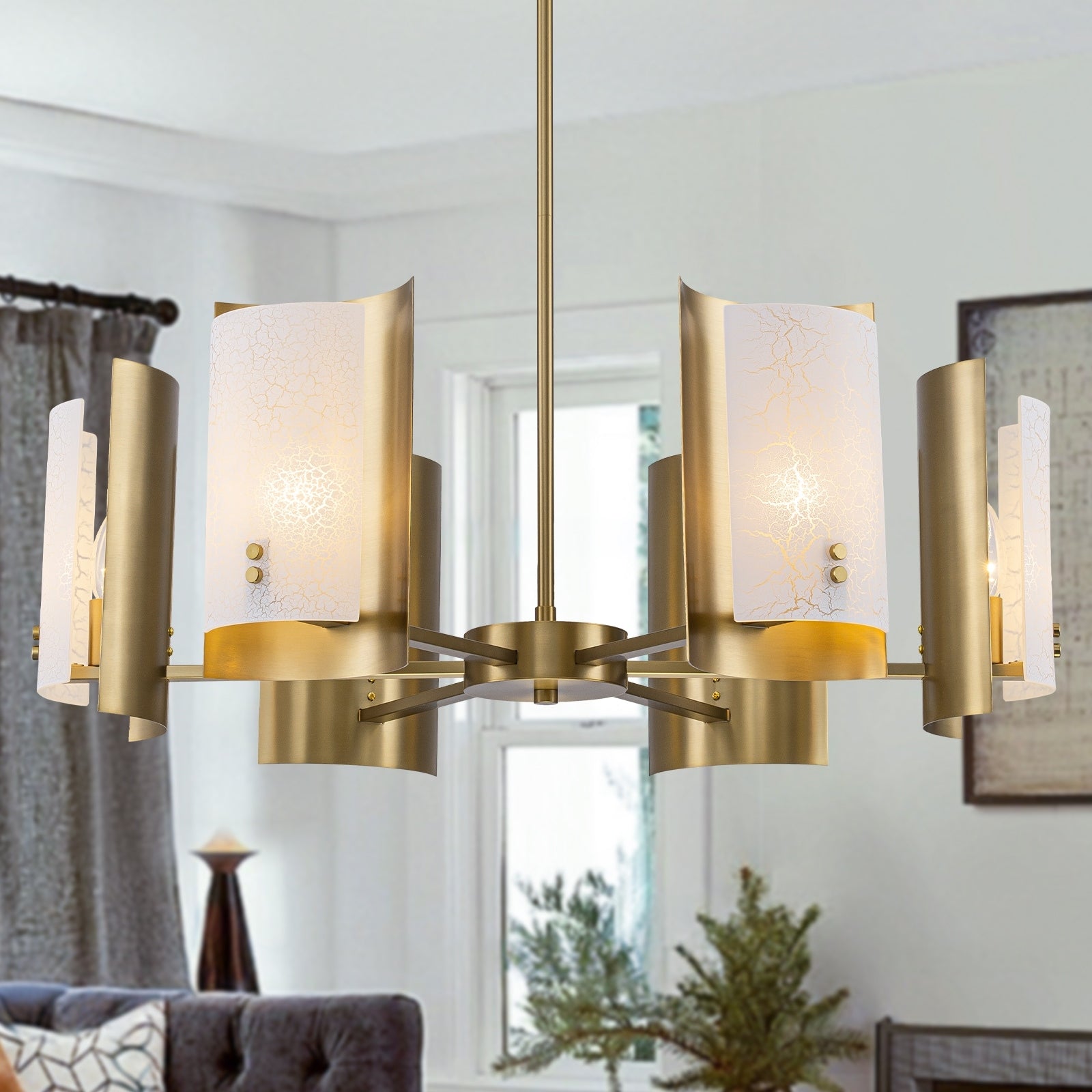 6 Light Modern Brushed Gold Chandelier White Crackle Glass Shades Dia.29.53 In