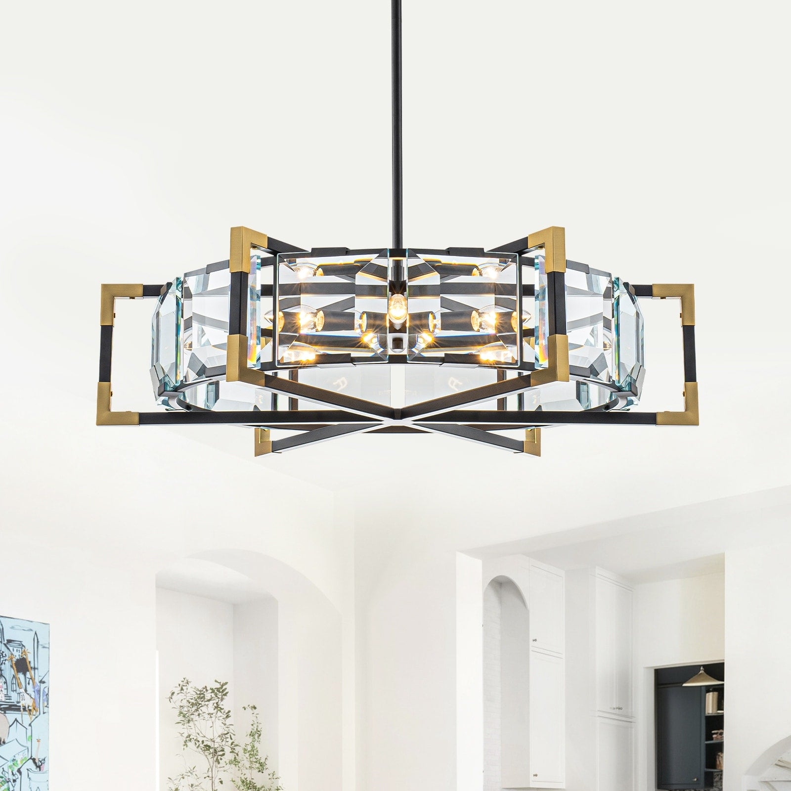 6 Light Modern Chandelier Crystal Round Frame Black Gold Frame Dia.26.77 In