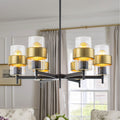 6 Light Modern Chandelier Ribbed Cylinder Glass Black Gold Rings Dia.26.77 In