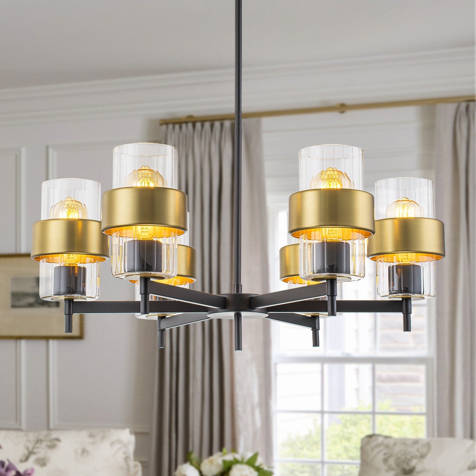 6 Light Modern Chandelier Ribbed Cylinder Glass Black Gold Rings Dia.26.77 In