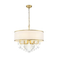 6 Light Modern Elegant Gold Drum Fabric Shade Adjustable Height With Crystal Accent Chandelier For Dining Room Bedroom