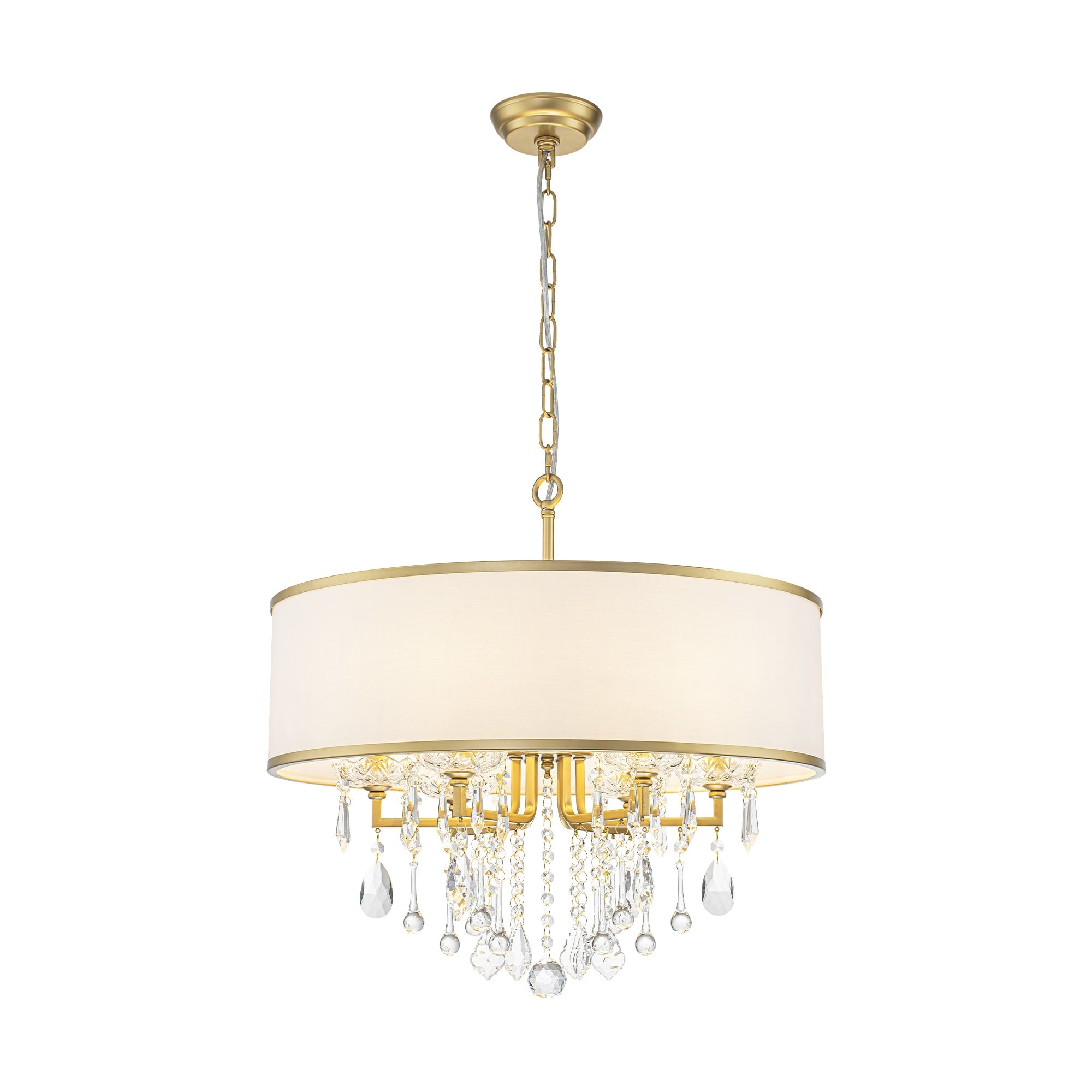 6 Light Modern Elegant Gold Drum Fabric Shade Adjustable Height With Crystal Accent Chandelier For Dining Room Bedroom