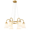 6 Light Modern Gold Chandelier Pleated Trumpet White Ceramic Shades Dia.25.2 In