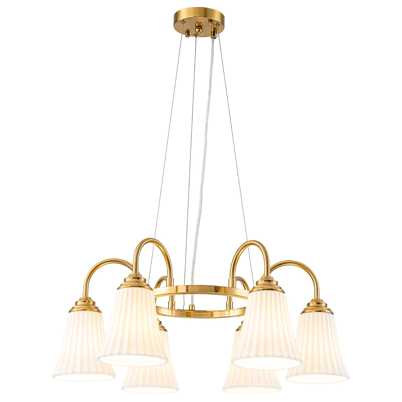 6 Light Modern Gold Chandelier Pleated Trumpet White Ceramic Shades Dia.25.2 In