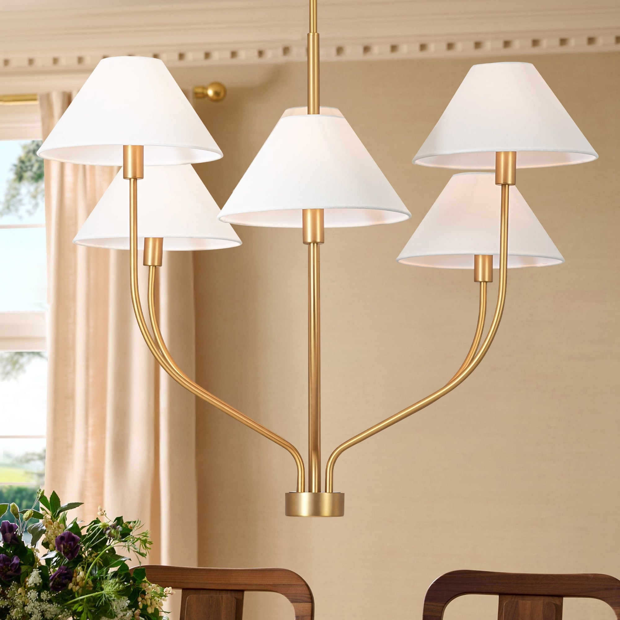 6 Light Modern Gold Matte Black Sputnik Staggered Large Chandelier With Cone White Fabric Shade