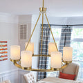6 Light Modern Gold Ring Chandelier With Alabaster Style Glass Shades Dia.26 In