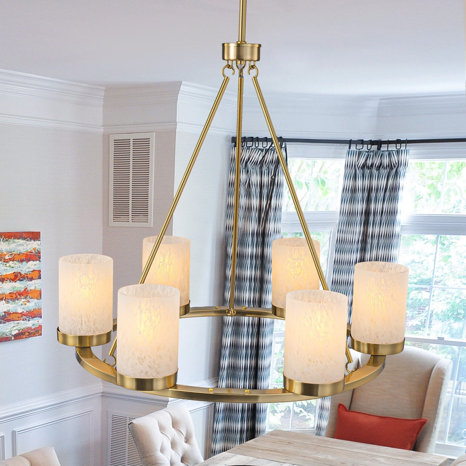 6 Light Modern Gold Ring Chandelier With Alabaster Style Glass Shades Dia.26 In