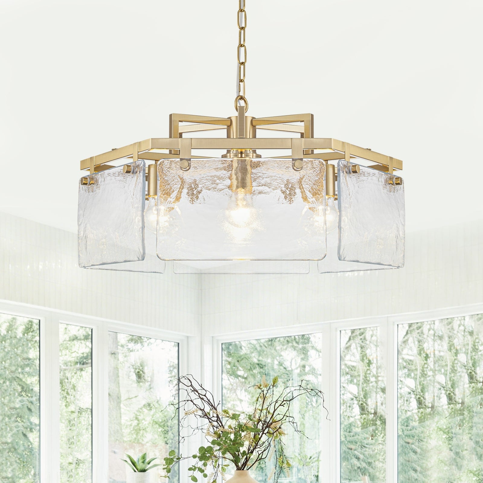 6 Light Modern Hexagon Chandelier Hammered Glass Panels Dia.25.59 In