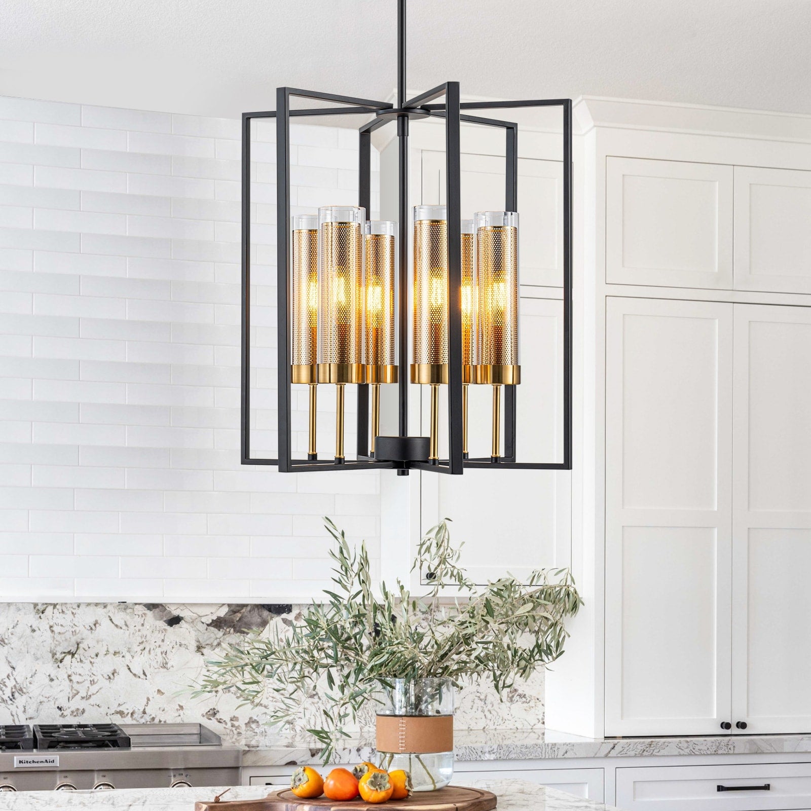 6 Light Modern Lantern Chandelier With Clear Cylinder Glass Shades Dia.17.72 In