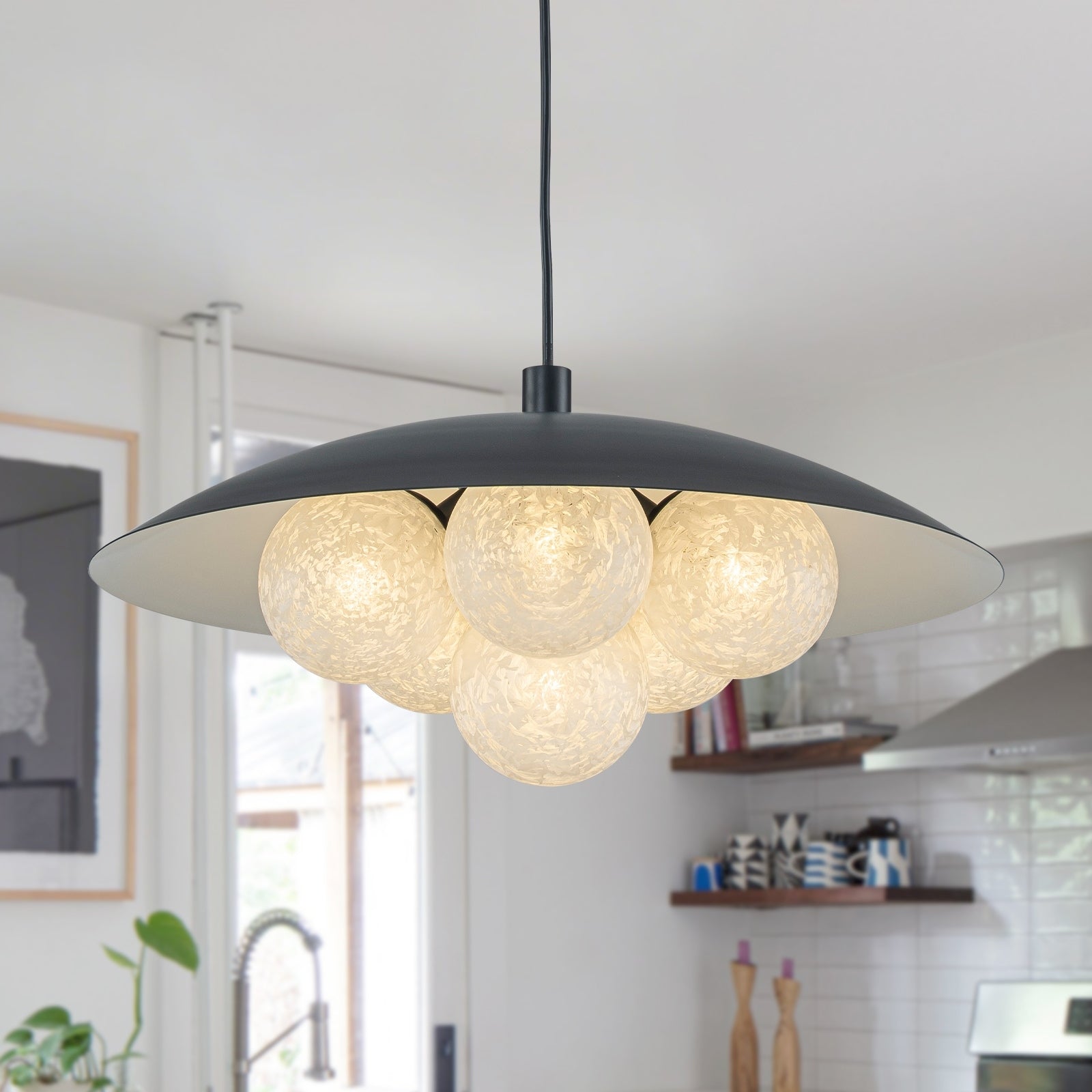 6 Light Modern Pendant Light With Ufo Metal Shade Crackle Glass Globes Dia.17.72 In