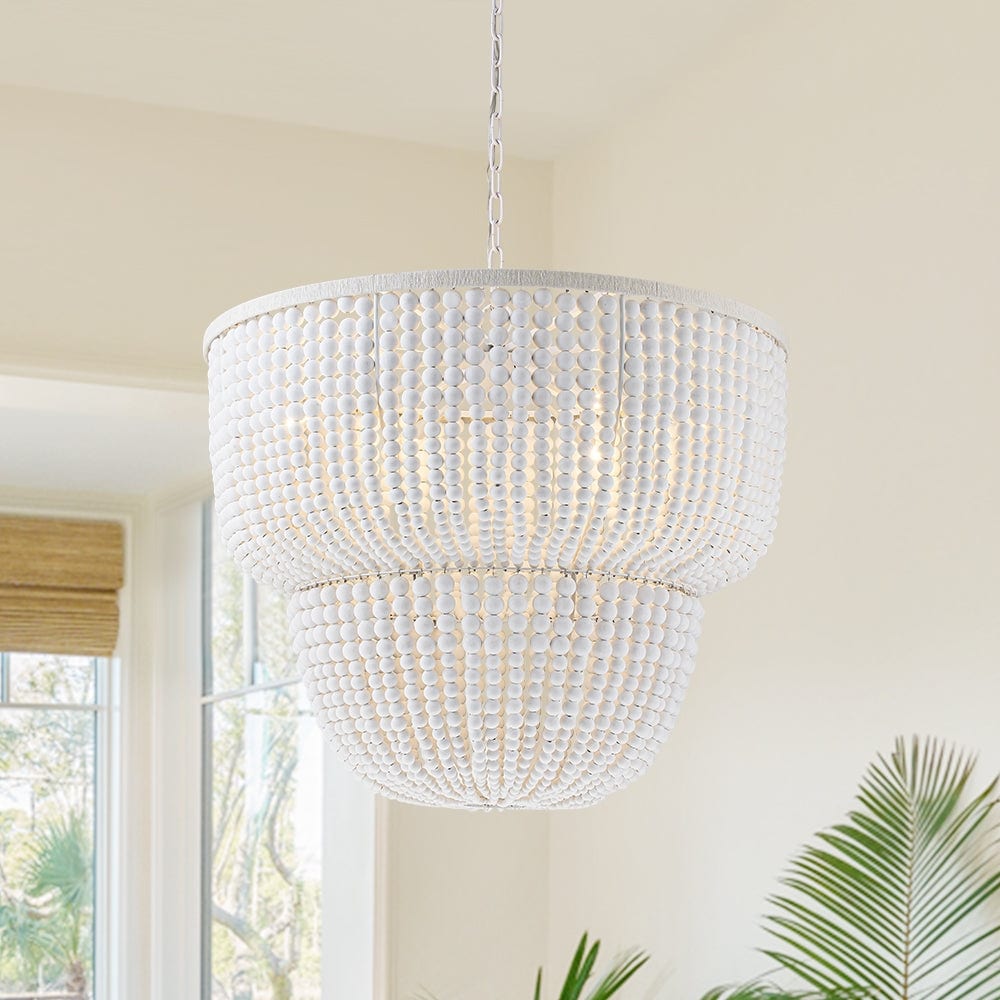 6 Light Oversized Dual Tier Wood Beads Falls Chandelier 30.3 In