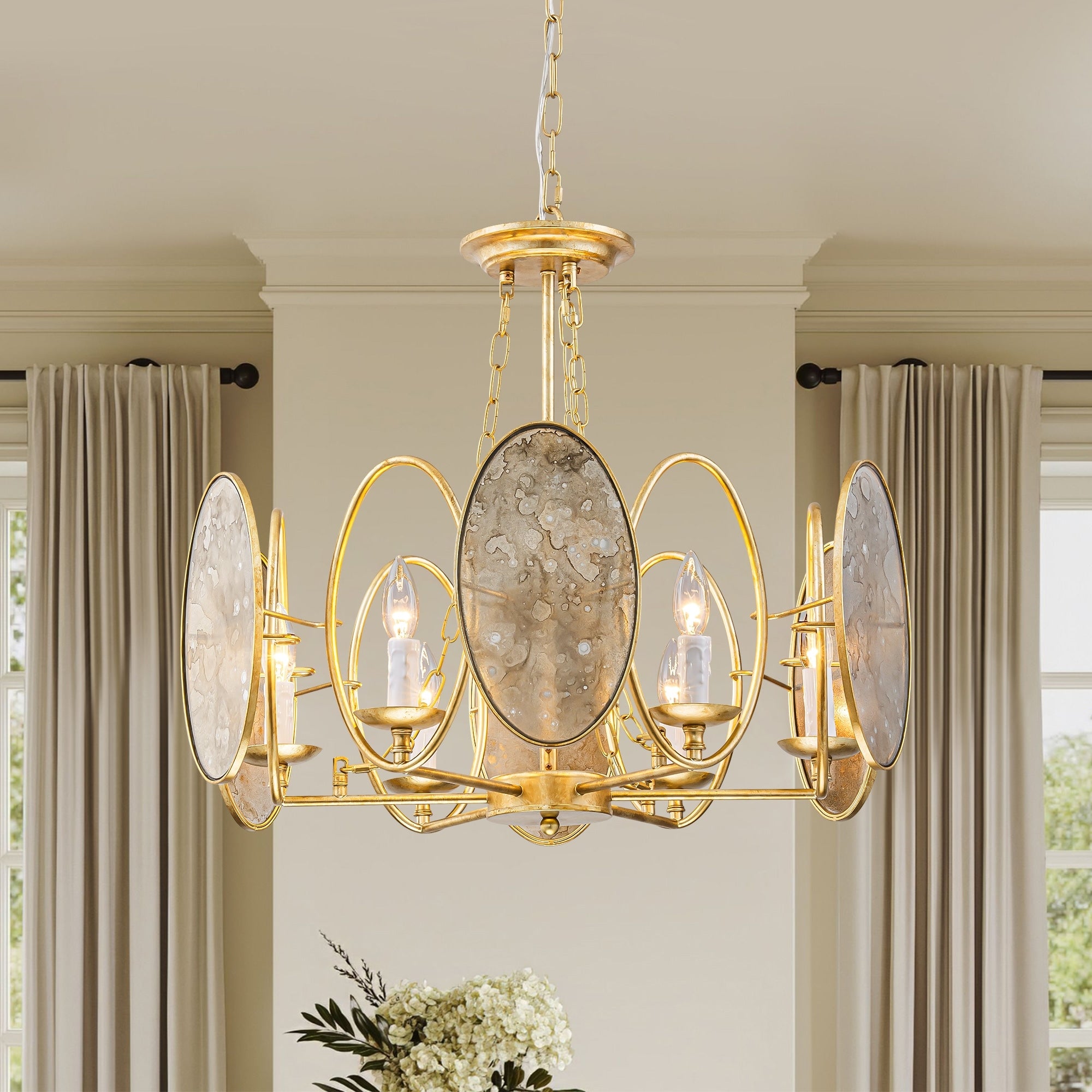 6 Light Retro Antique Gold Finish With Distressed Glass Mirror Panel Candle Style Chandelier For Living Room