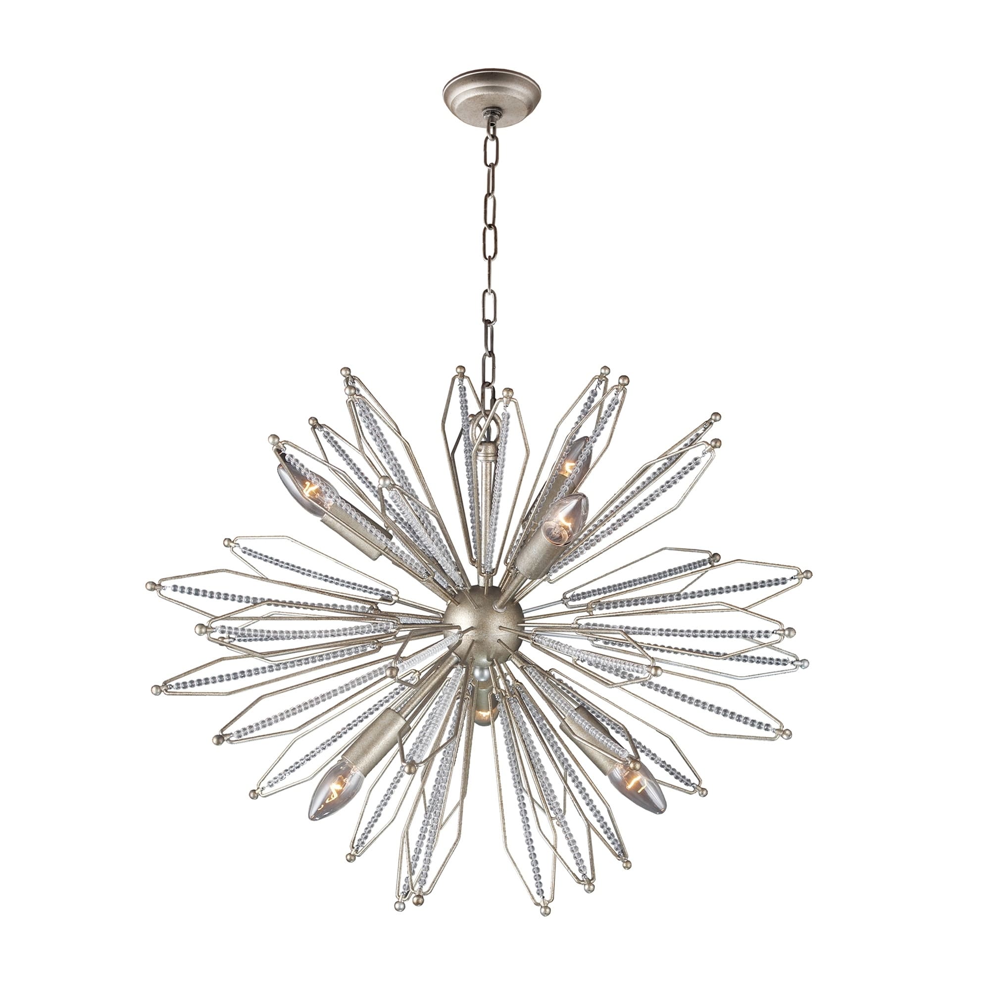 6 Light Sputnik Chandelier In Antique Silver And Clear Glass