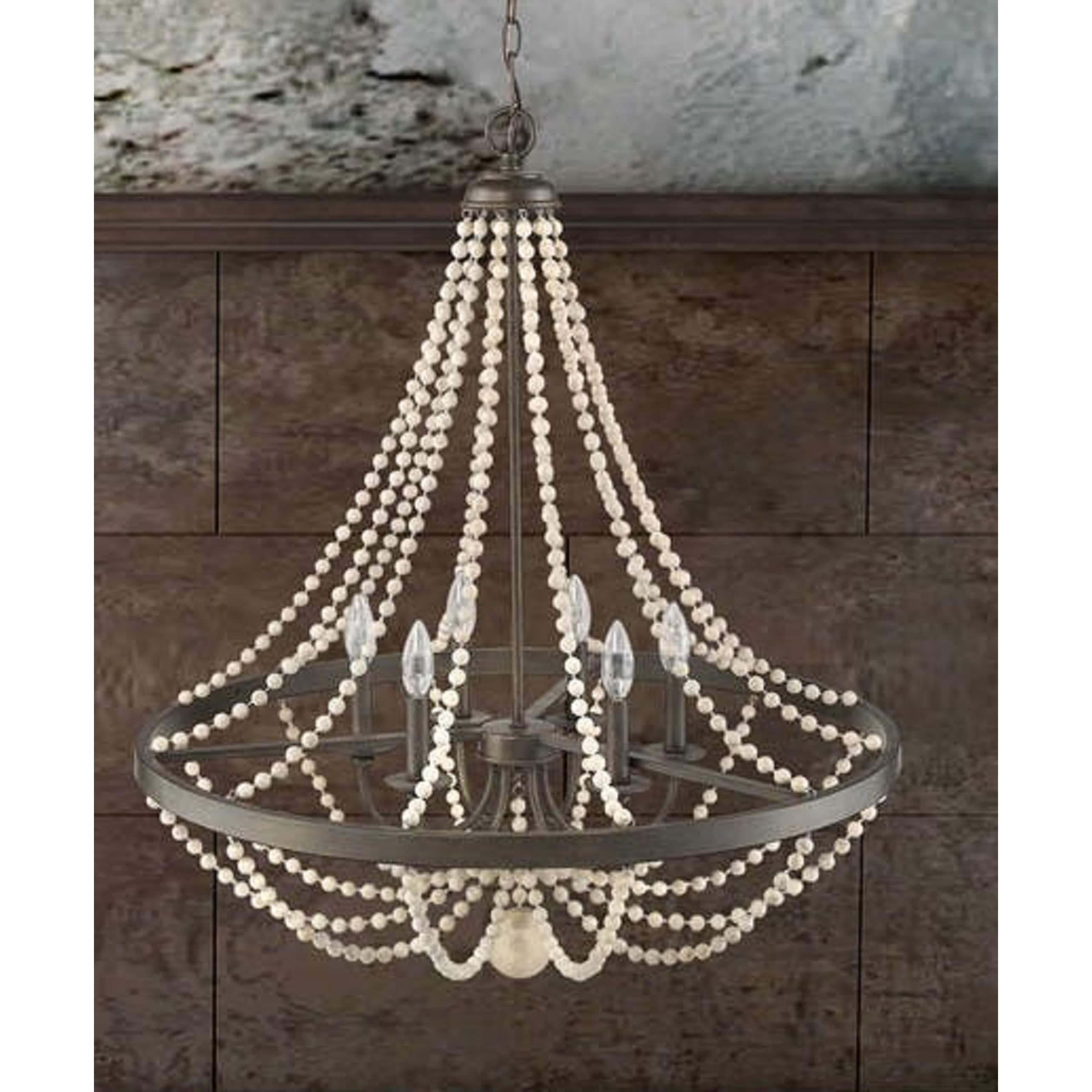 6 Light Wagon Wheel Chandelier With White Beads And Bronze Finish