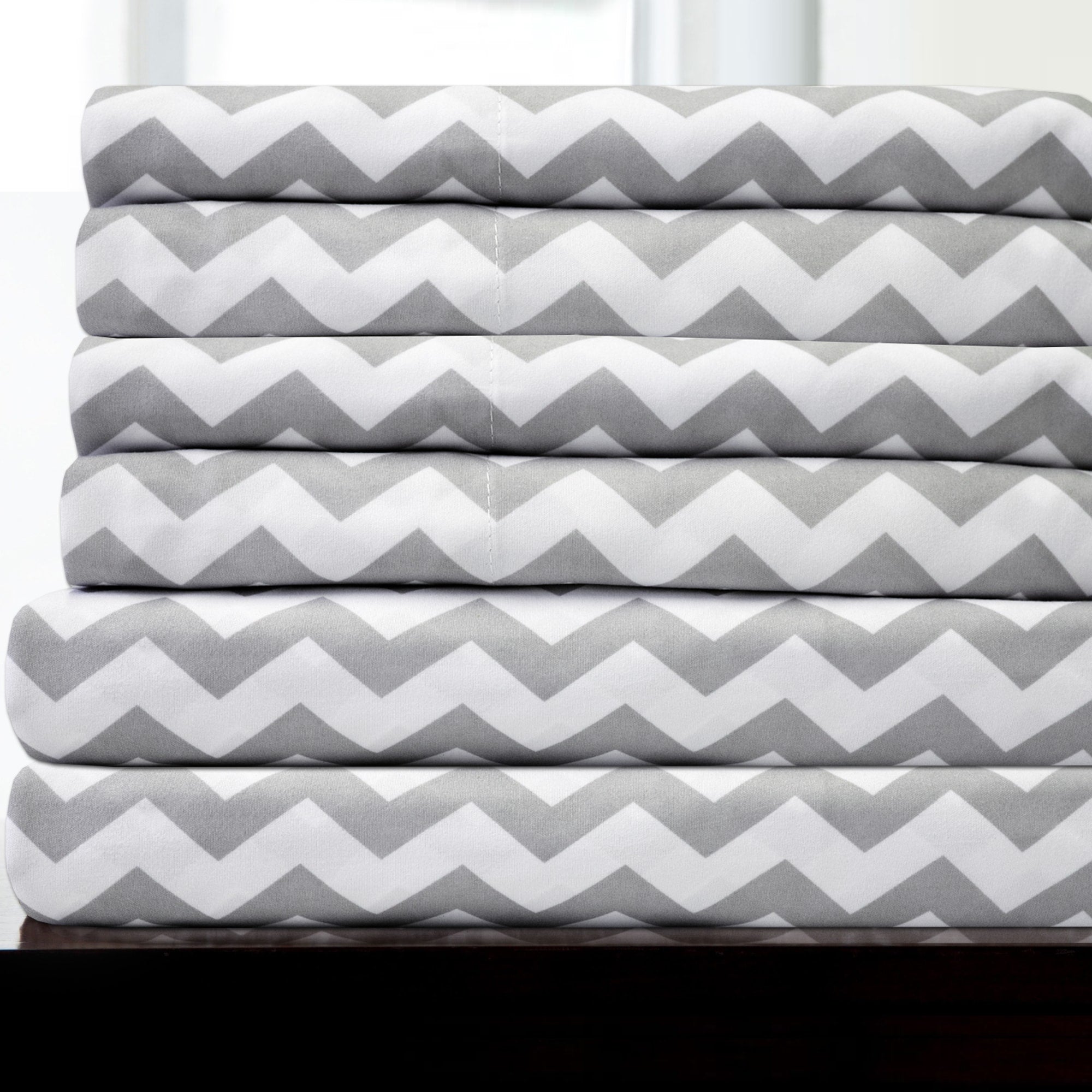 6 Piece Chevron Stripe Print Bedroom Sheet Set Grey