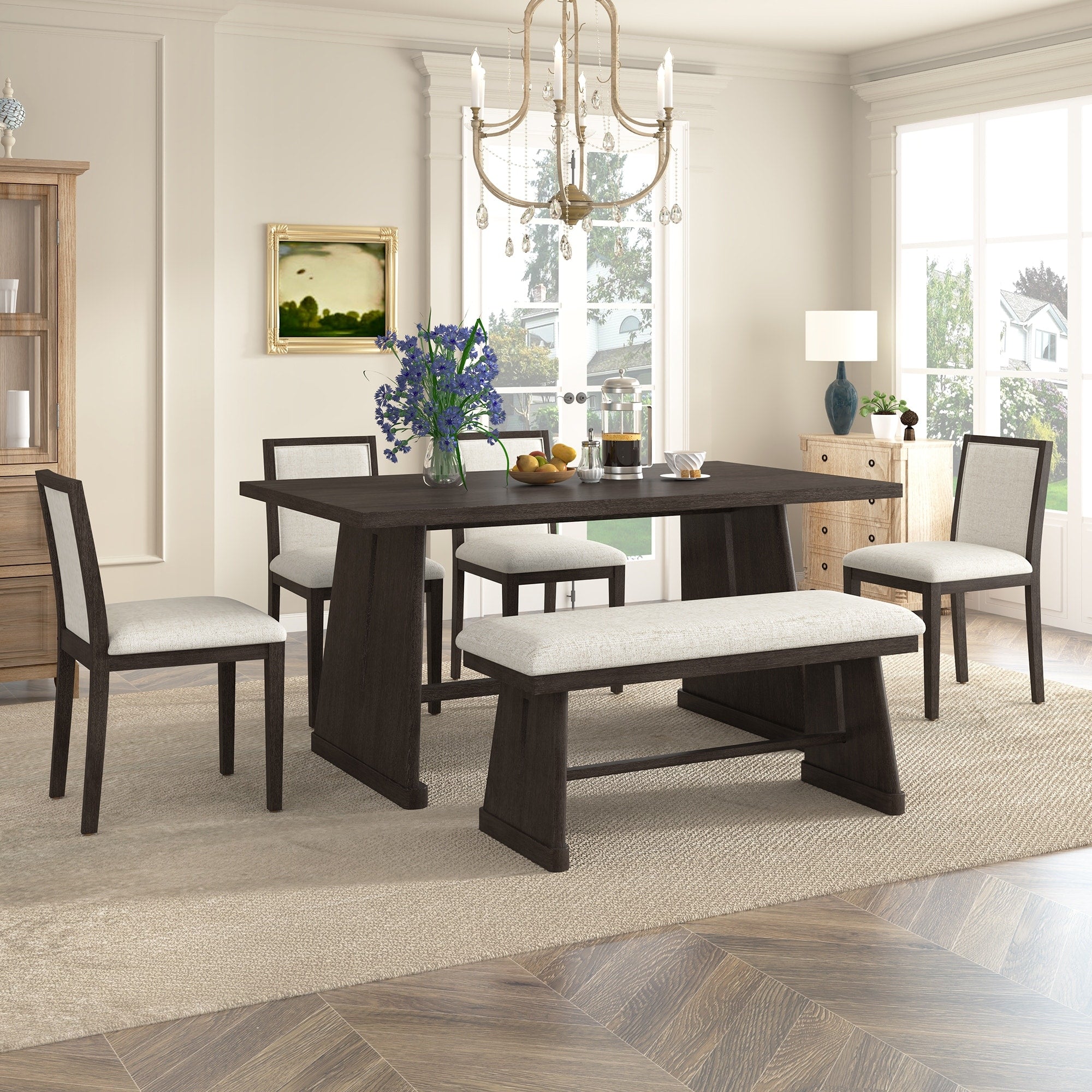 6 Piece Dining Table Set With Wire Brushed Design Rectangular Dining Table With Trapezoid Legs 4 Chairs 1 Padded Bench