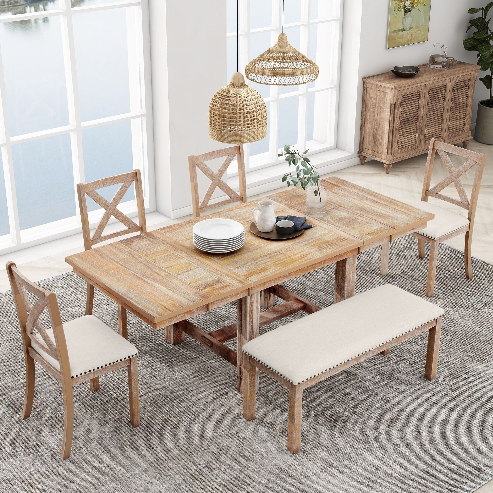 6 Piece Dining Table Set With Two 11 Removable Leaf