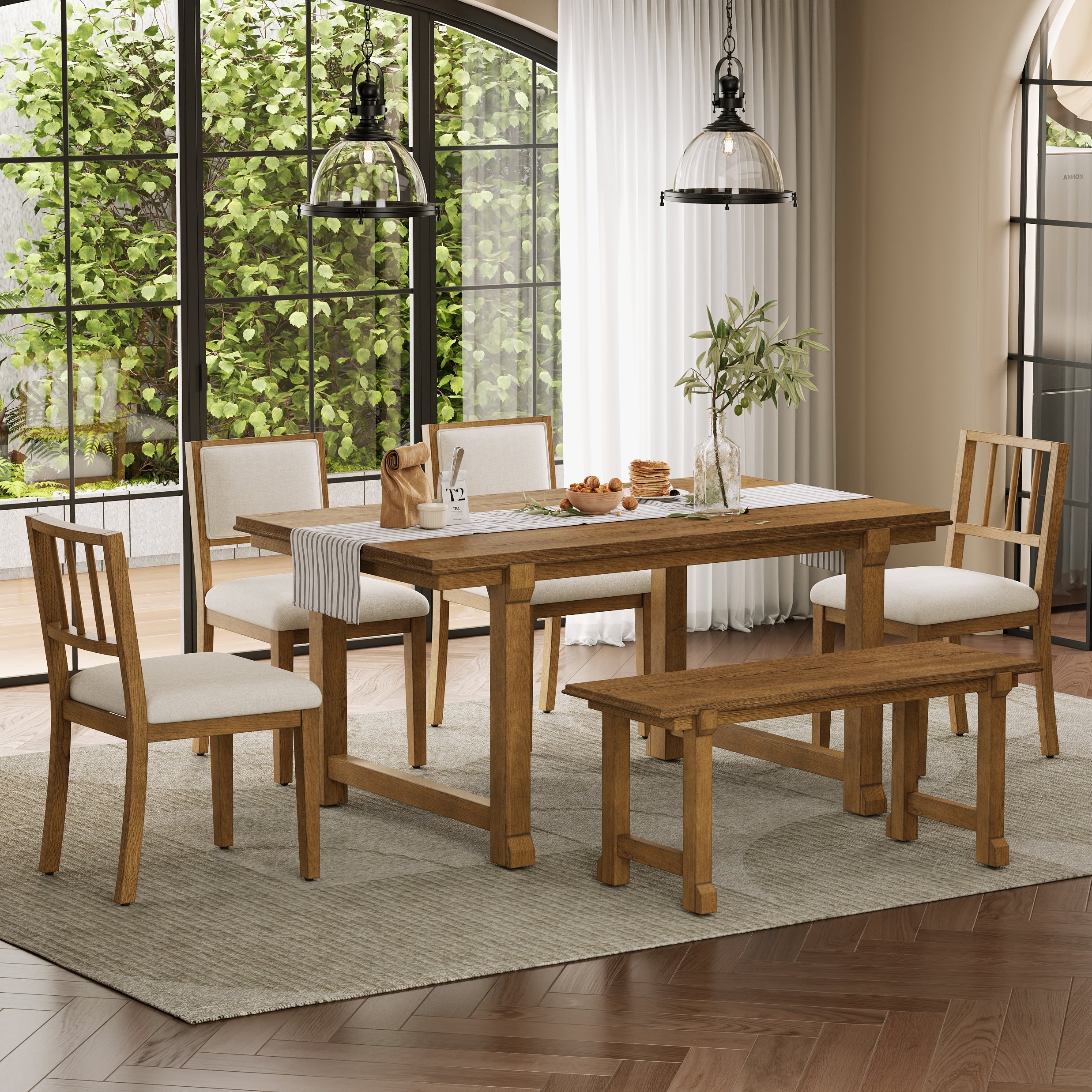 6 Piece Farmhouse Dining Set For 6 Kitchen Dining Room Sets With Solid Wood Legs And Frame Ergonomic Dual Style Chairs