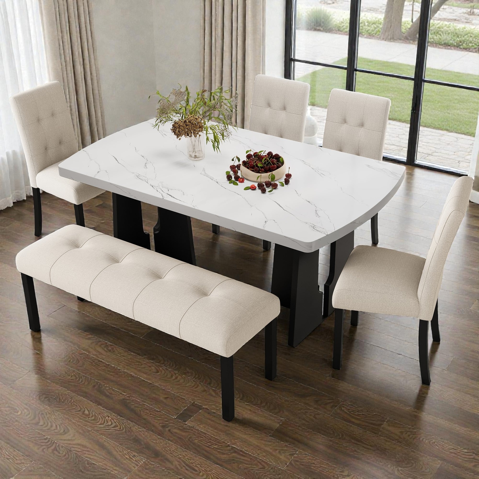 6 Piece Modern Dining Set With 63 Faux Marble Table Geometric Legs 4 Upholstered Chairs Bench For Kitchen Dining Room