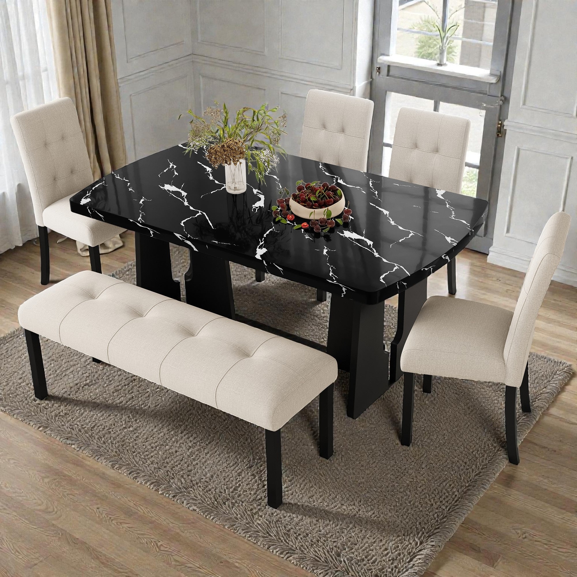 6 Piece Modern Dining Set 63 Faux Marble Table With Geometric Legs 4 Upholstered Chairs And Bench For Kitchen Dining Room