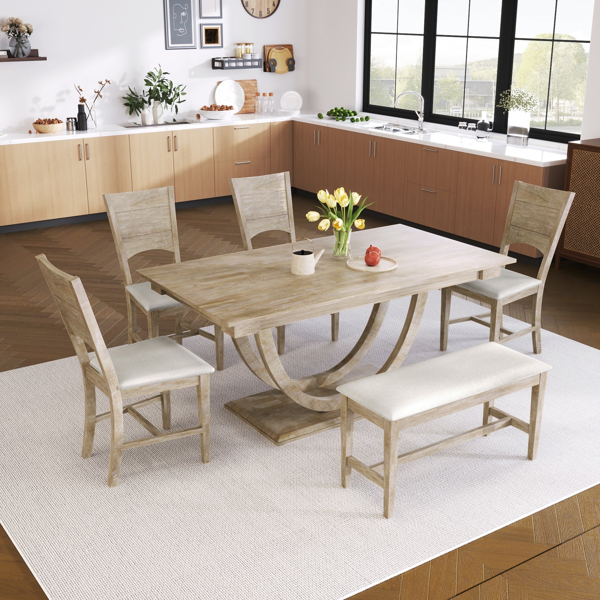 6 Piece Modern Wood Dining Table Set With Long Bench And 4 Upholstered Dining Chairs