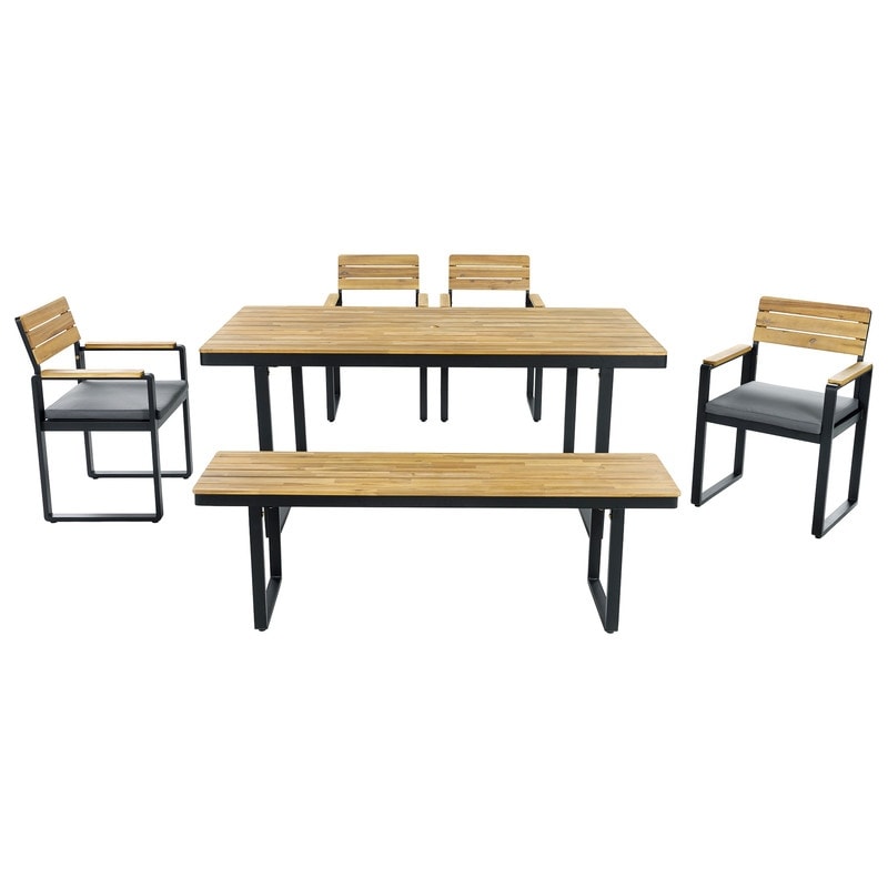 6 Piece Outdoor Dining Set With Acacia Wood Table Chairs And Bench For Comfortable Gatherings