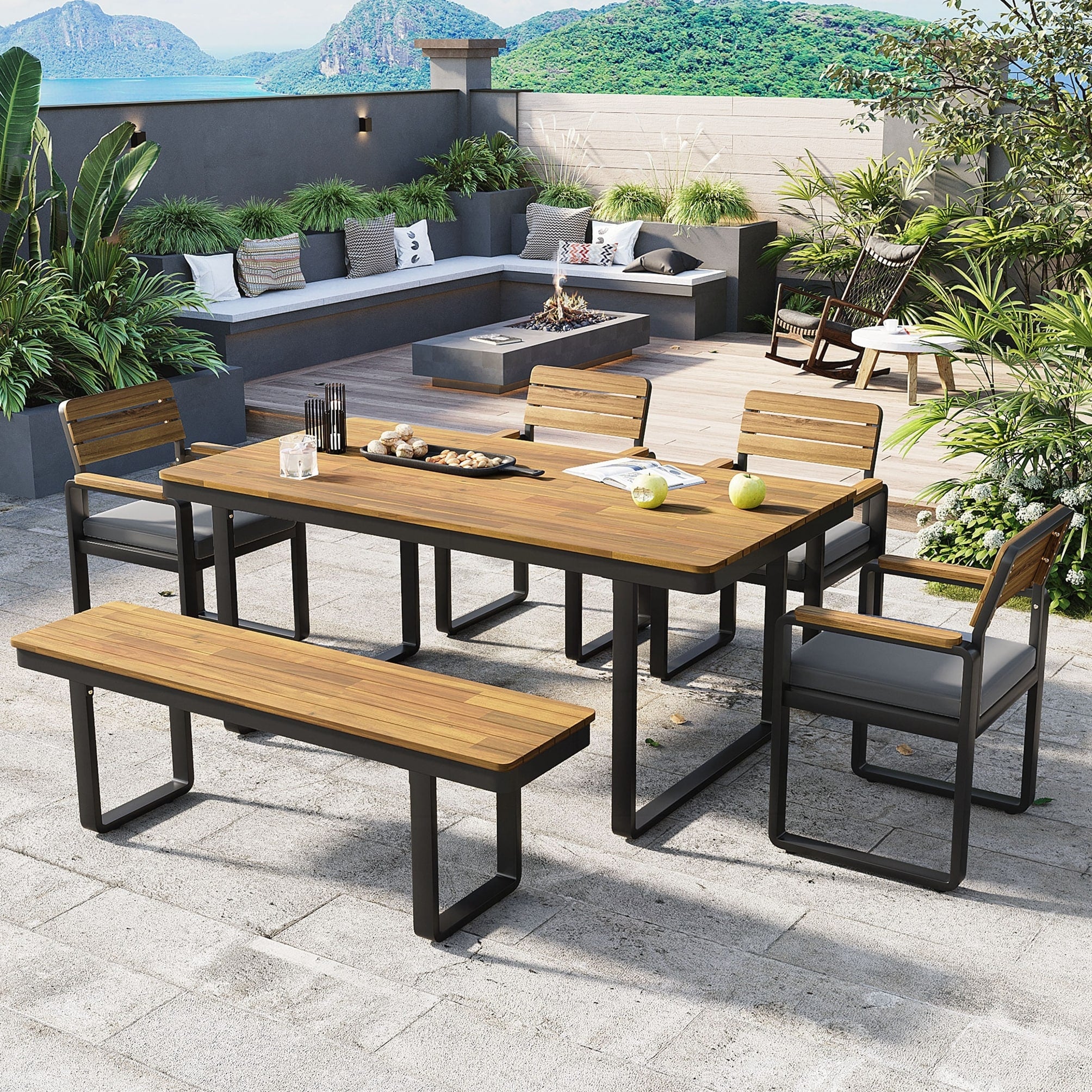 6 Piece Outdoor Dining Set Acacia Wood 1 Table With 4 Chairs 1 Bench
