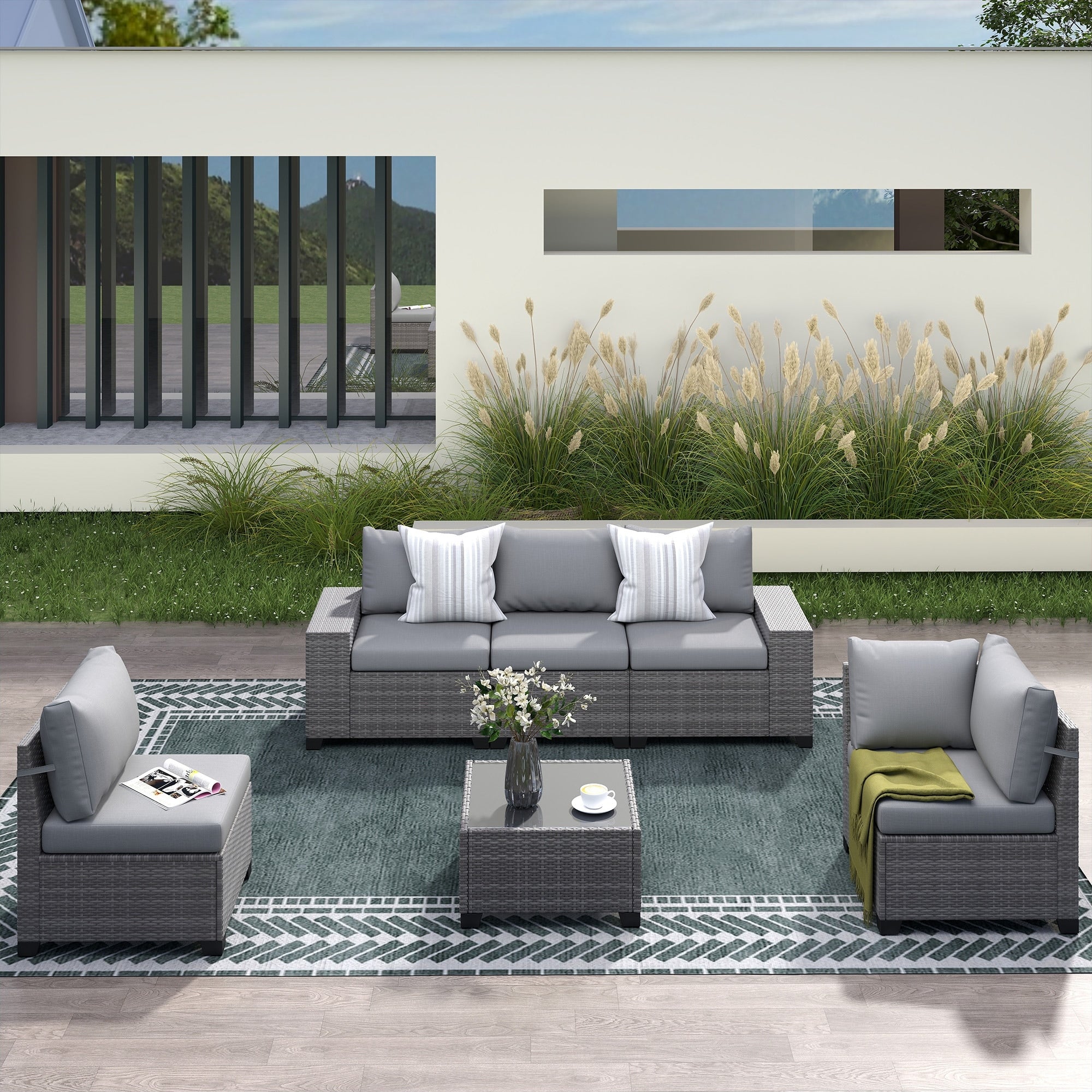 6 Piece Outdoor Modular Rattan Sectional Sofa Set With Free Bonus Blue Cushion Covers