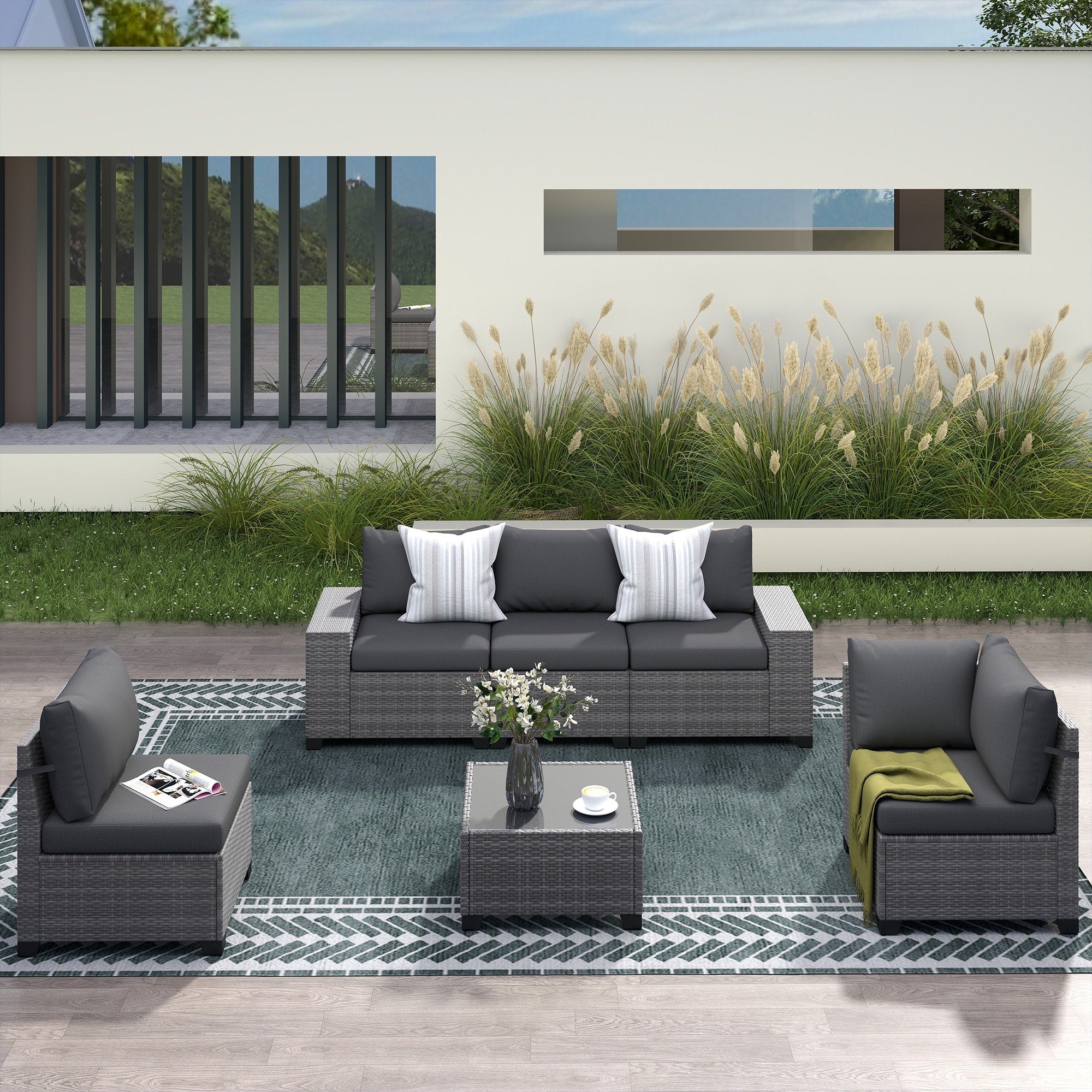 6 Piece Outdoor Modular Rattan Sectional Sofa Set With Free Bonus Blue Cushion Covers