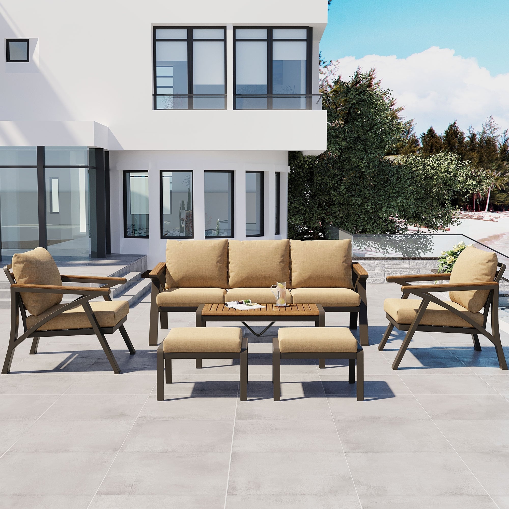 6 Piece Outdoor Patio Furniture Set Steel Frame Sofa Set With 3 Seat Couch