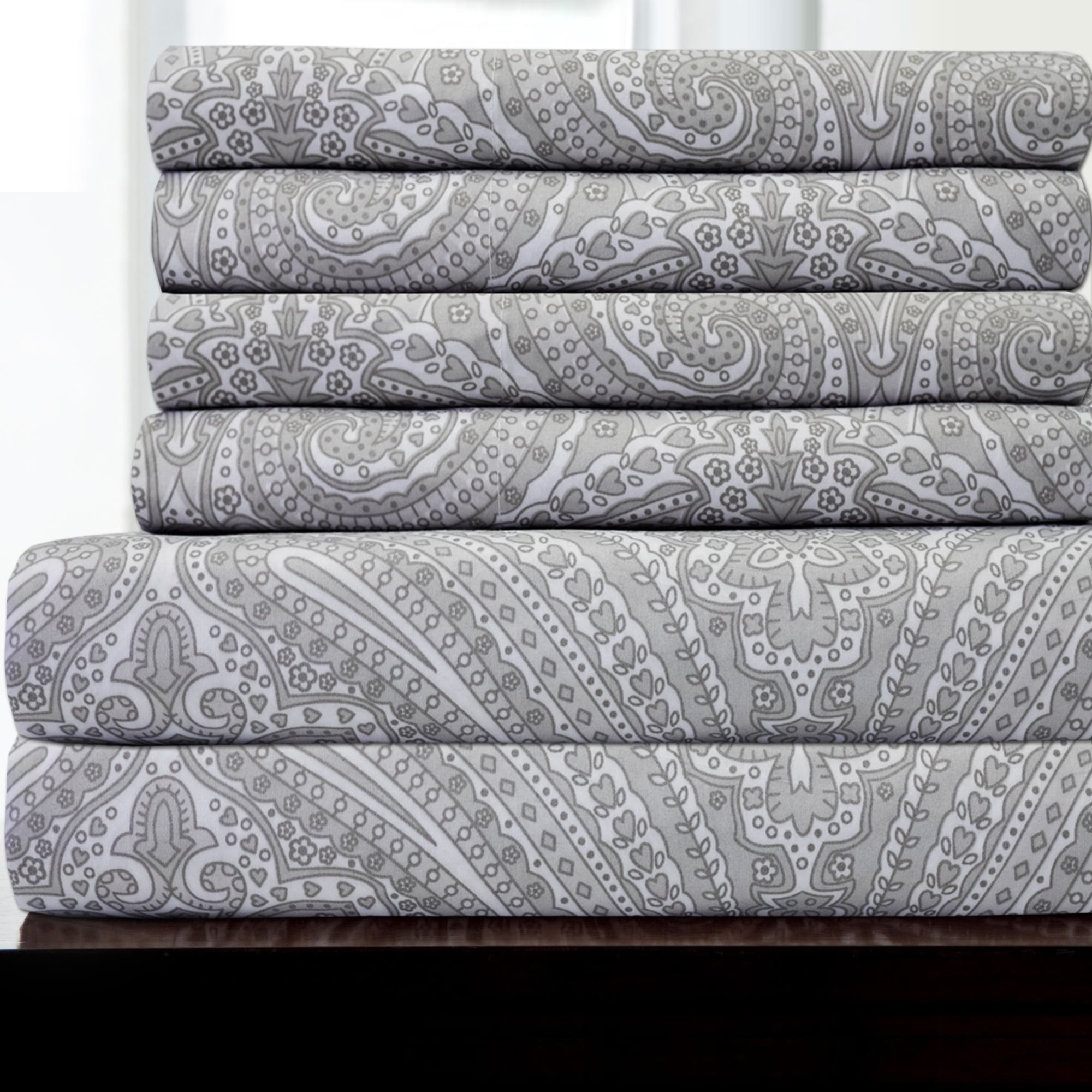 6 Piece Paisley Print Bedroom Sheet Set Grey
