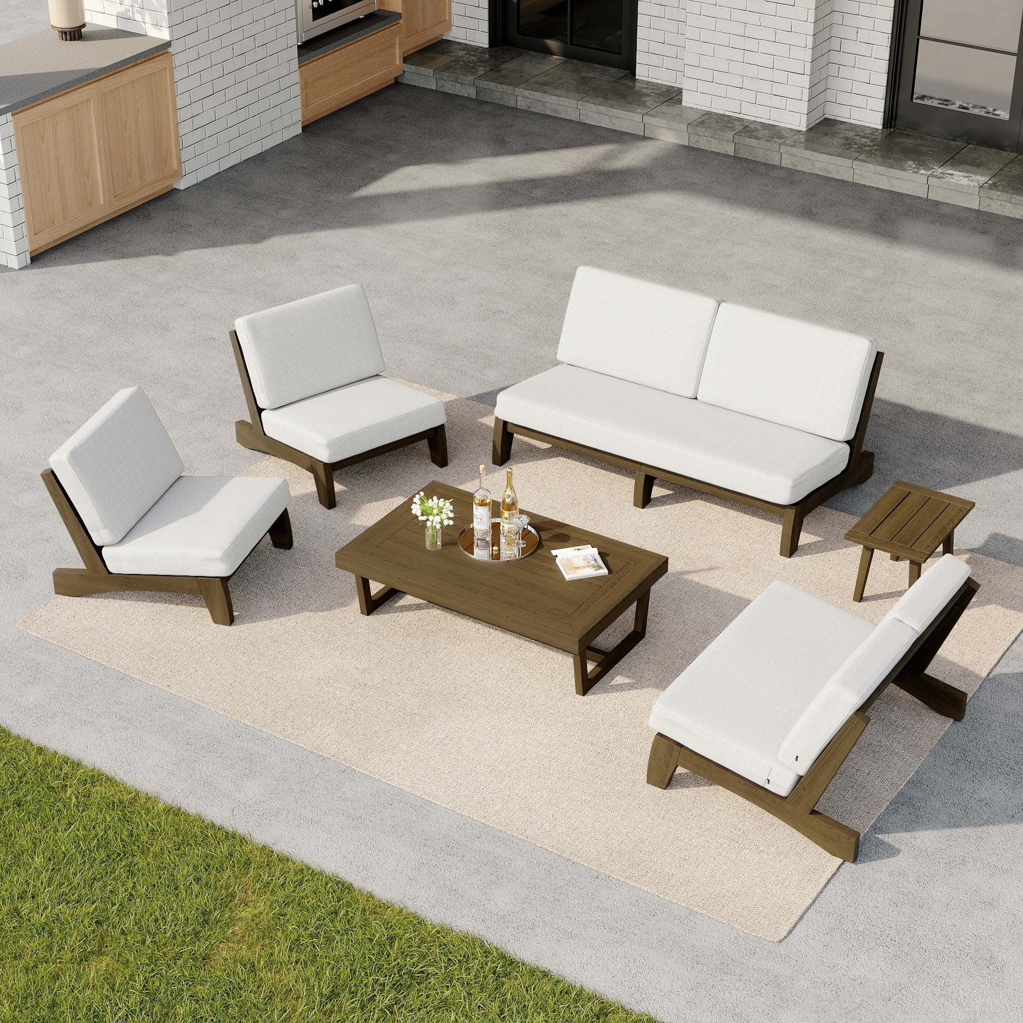 6 Piece Patio Furniture Set Casual Teak Loveseat Conversation Set